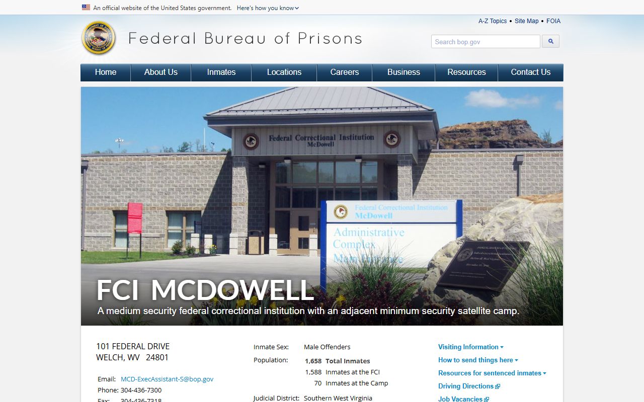 Federal Bureau of Prisons FCI McDowell facility page